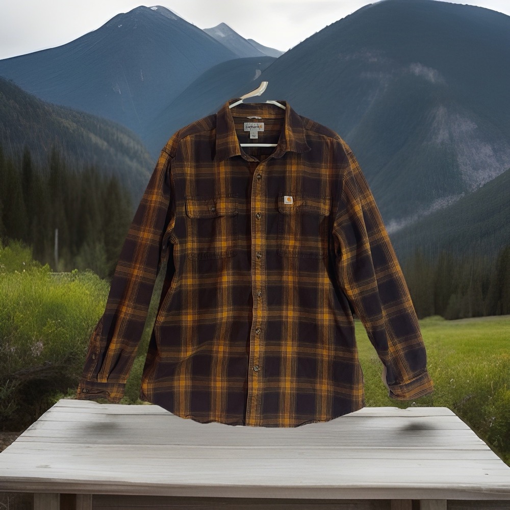 Carhartt Shacket Shirt Men Large Plaid Brown‎ Button Up Long Sleeve Relaxed Fit